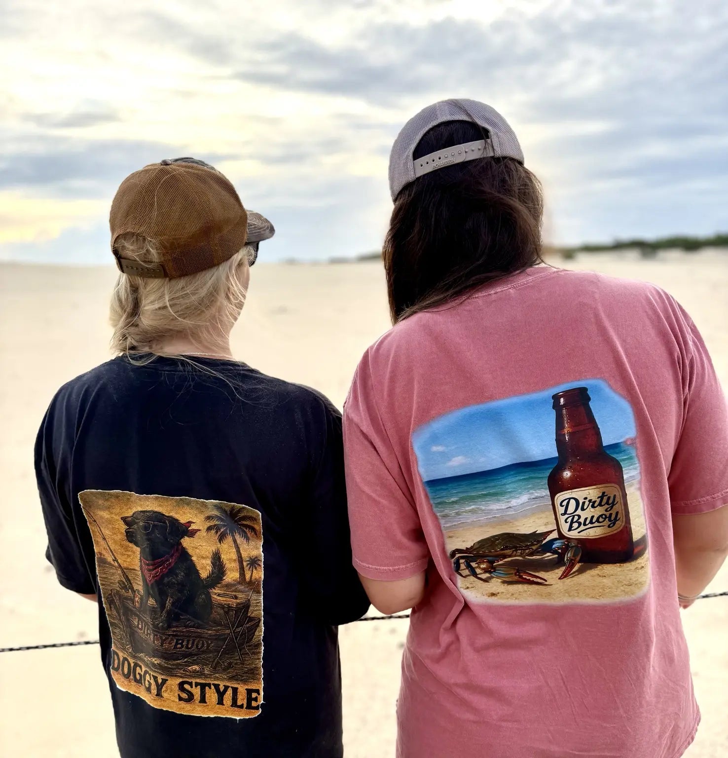 Dirty Buoy graphic shirts by the water